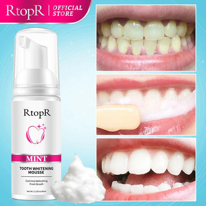 RtopR tooth whitening mousse with before and after effects on teeth against a blue background