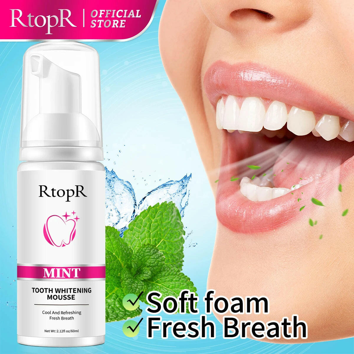RtopR tooth whitening mousse bottle with mint leaf and close-up of teeth on a blue background