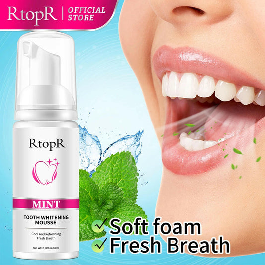 RtopR tooth whitening mousse bottle with mint leaf and close-up of teeth on a blue background