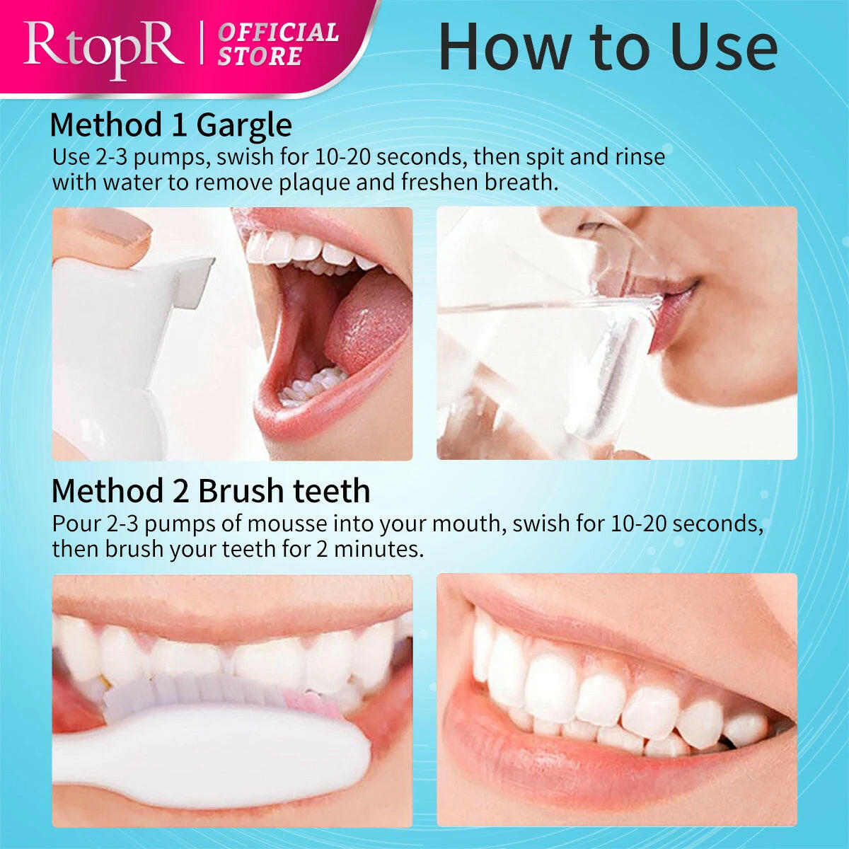 Instructions on how to use a dental product with images of gargling and brushing teeth.