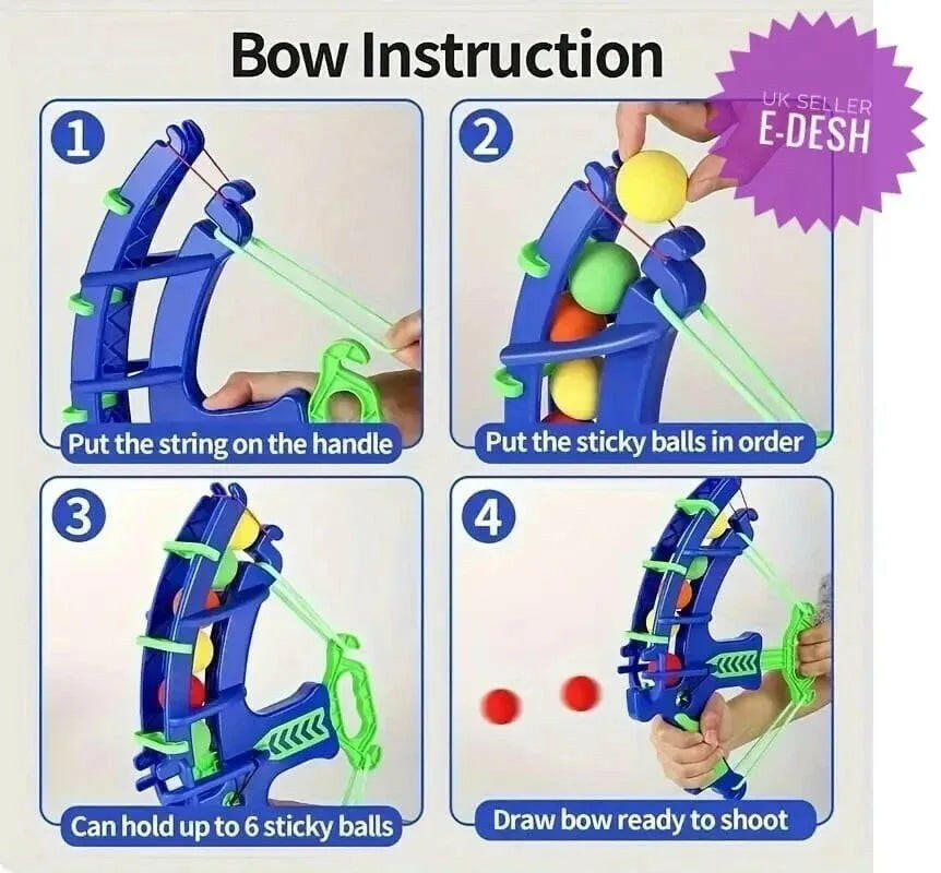 Step-by-step instructions for using a toy bow and arrow set, with colorful balls and a blue handle.