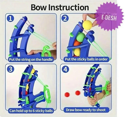 Step-by-step instructions for using a toy bow and arrow set, with colorful balls and a blue handle.