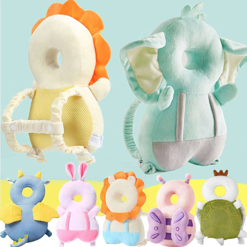 Set of colorful baby head support pillows with animal designs on a light blue background