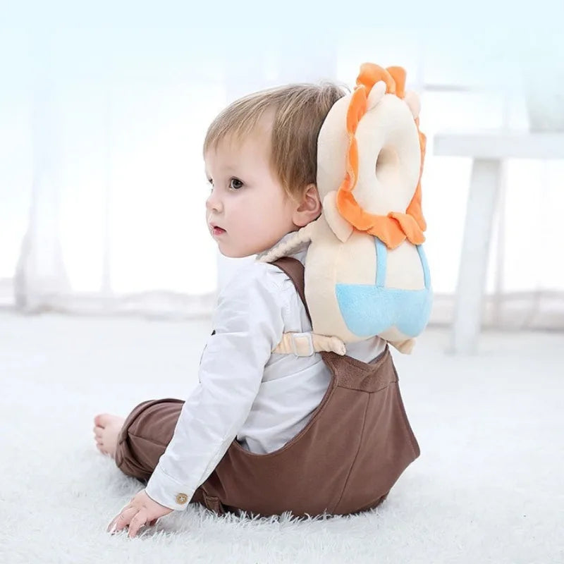 Child wearing a colorful baby seat safety device on a white background