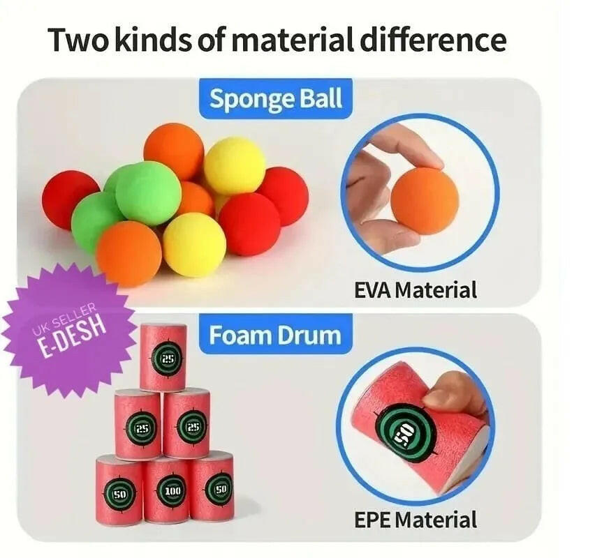 Comparison of sponge balls and foam drums with EVA and EPE materials on a white background.