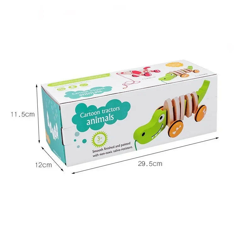Box packaging of cartoon tractor toys with dimensions indicated