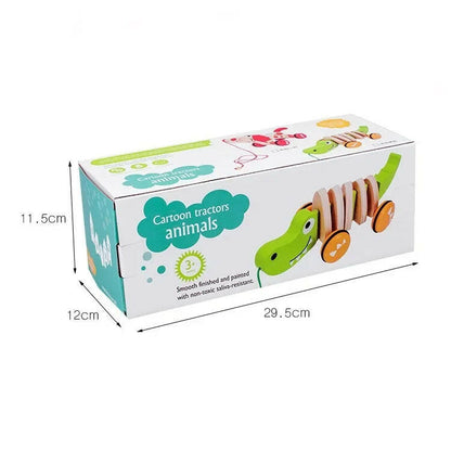 Box packaging of cartoon tractor toys with dimensions indicated
