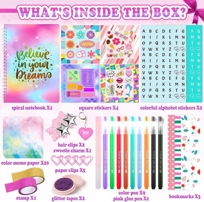 DIY Journal Kit for Girls with colorful pens, stickers, and creative journaling supplies
