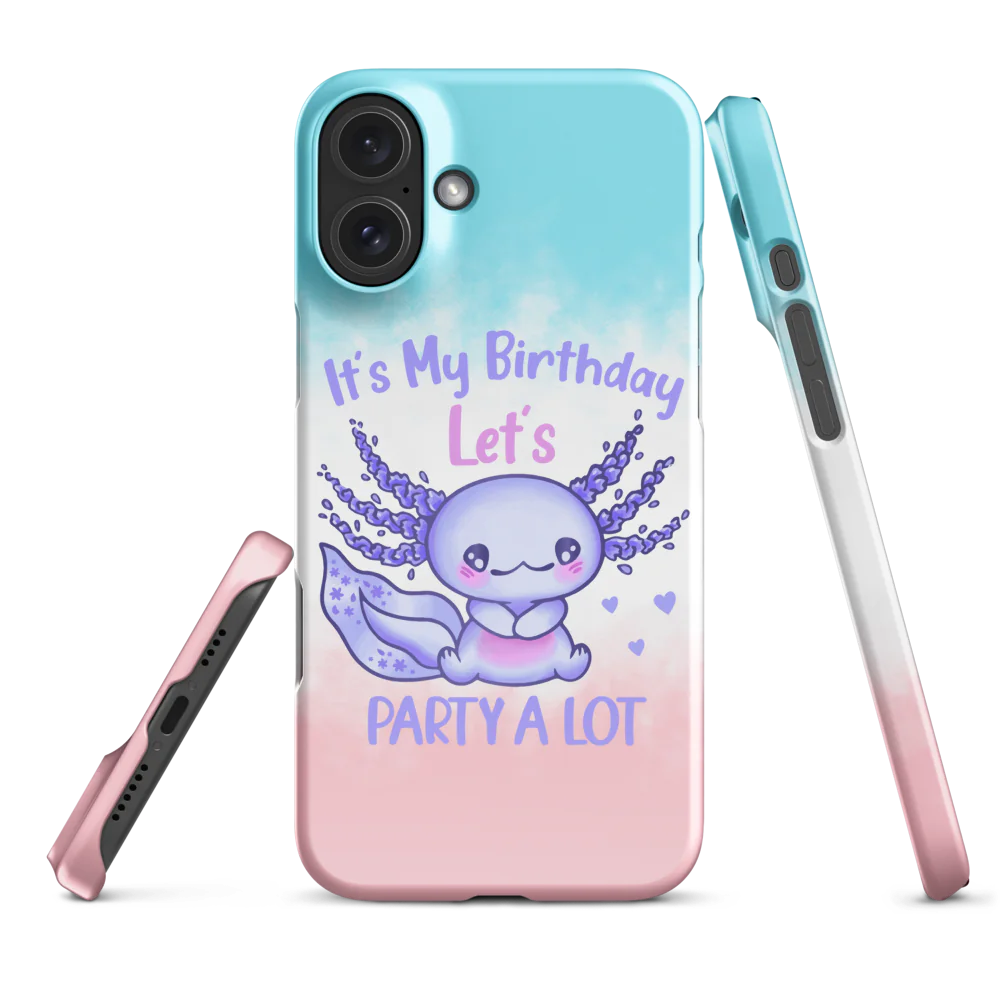 Phone case with a cute purple creature and birthday text on a gradient background