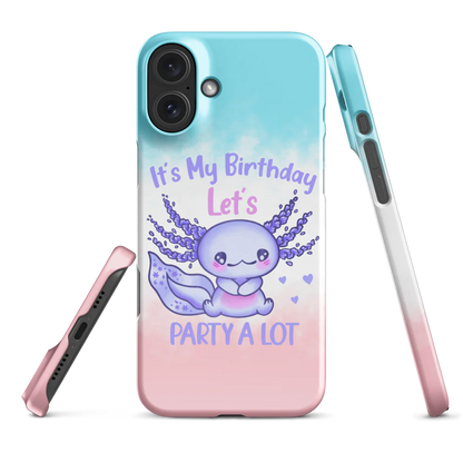 Phone case with a cute purple creature and birthday text on a gradient background