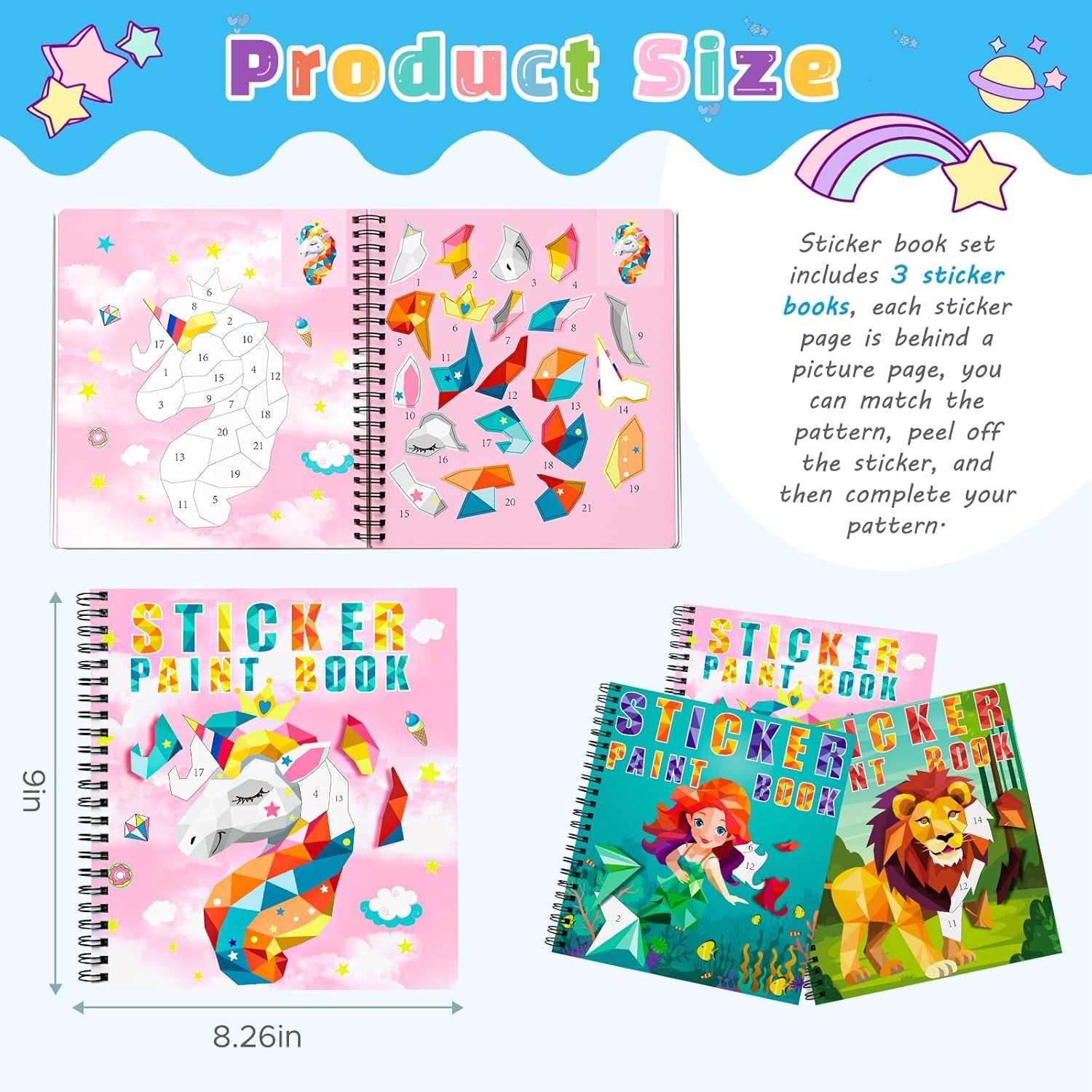 Paint by Sticker Books creative activity set for kids ages 4-10 with themed sticker art pages