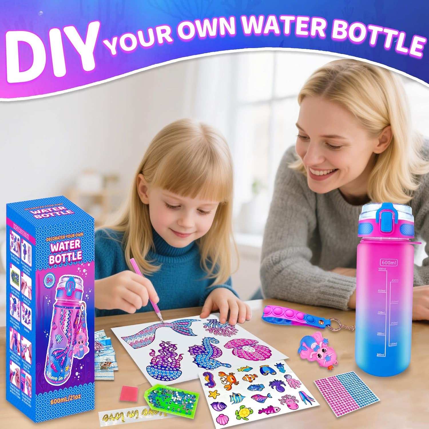 Kids decorating colorful DIY water bottle kit with themed accessories and fidget keychain