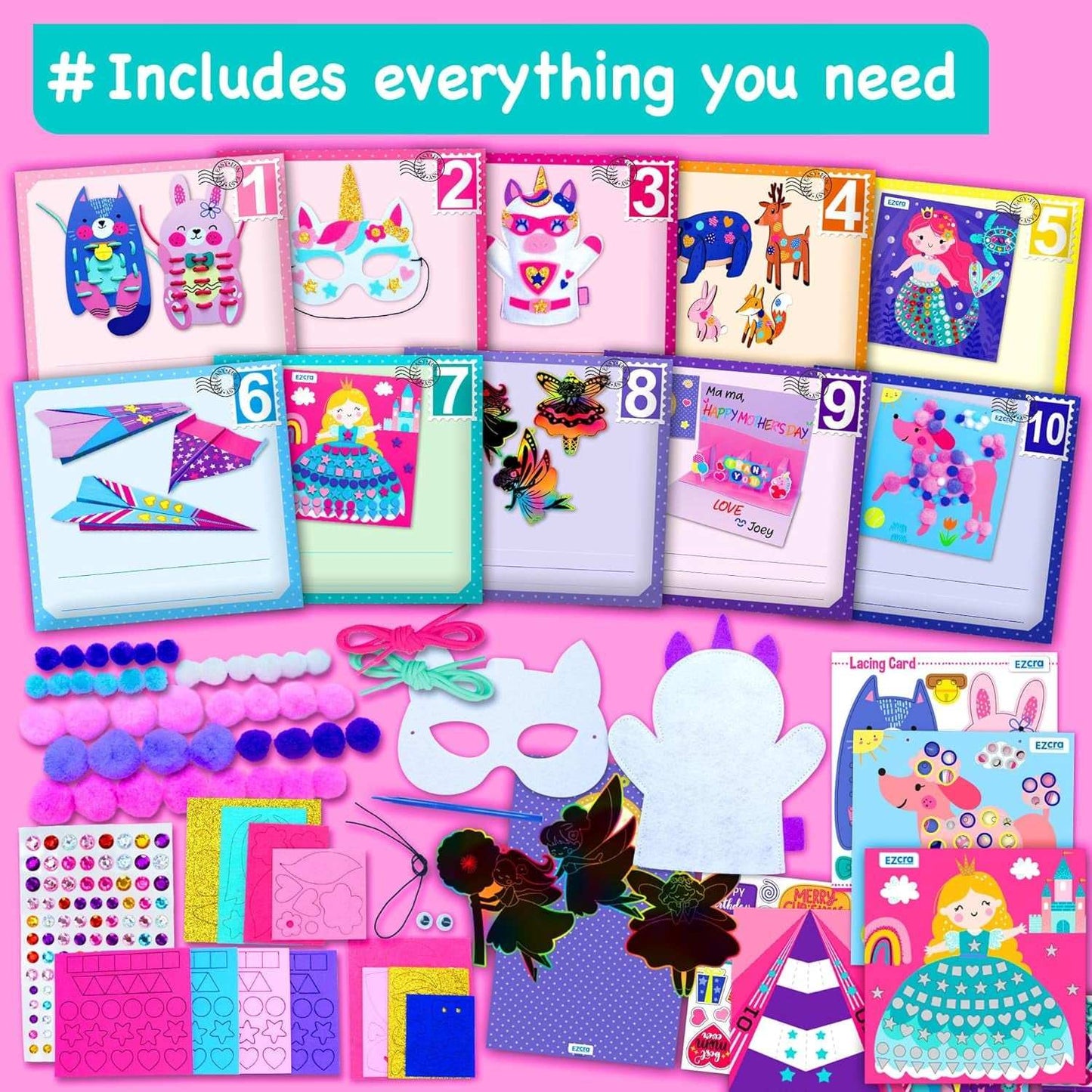 Craft kit for kids with 21 creative unicorn and animal projects in organized envelopes