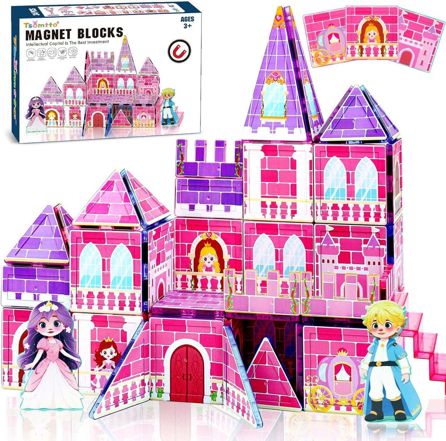 Colorful princess magnetic tiles castle building set with windows and character blocks for creative play