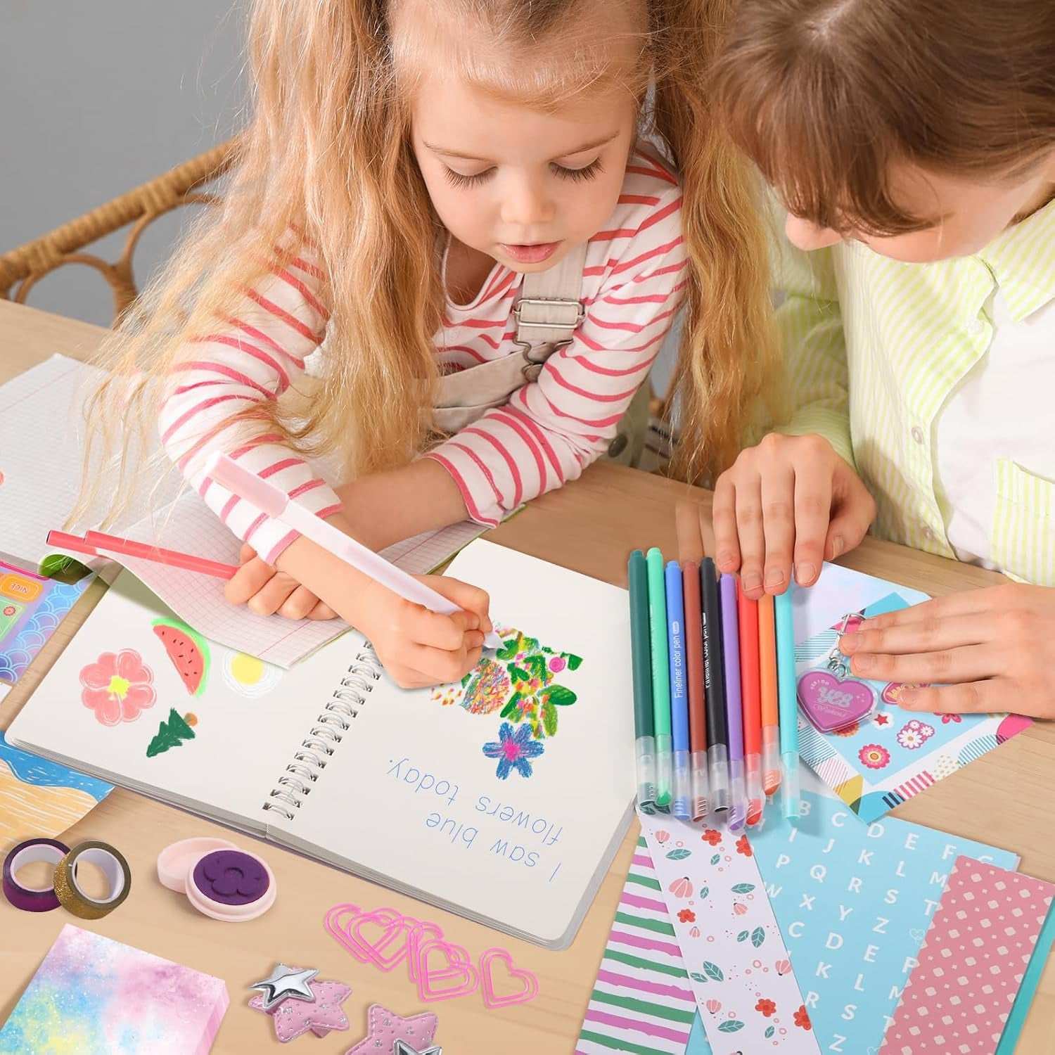 DIY Journal Kit for Girls with colorful pens, stickers, and journaling supplies for creative diary making