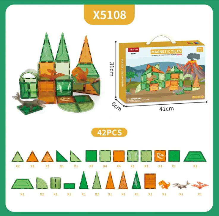 Magnetic tiles set with building structures and packaging, featuring dimensions and piece count.