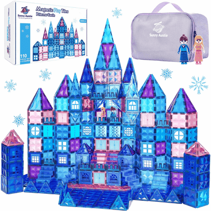 Ice Princess Castle Magnetic Tiles 110-piece blue and purple building set with dolls and purple carry case