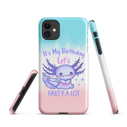 Phone case with a purple octopus design and text 'It's My Birthday Let's Party A Lot' on a gradient background