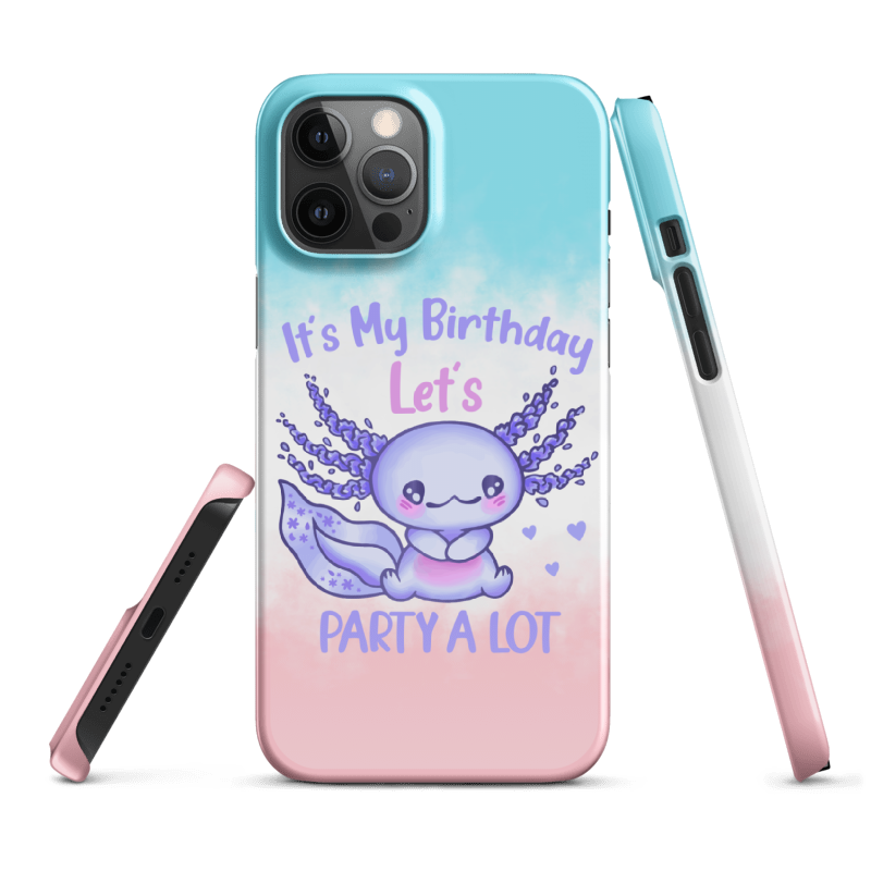 Phone case with a cute purple creature design and text on a gradient background