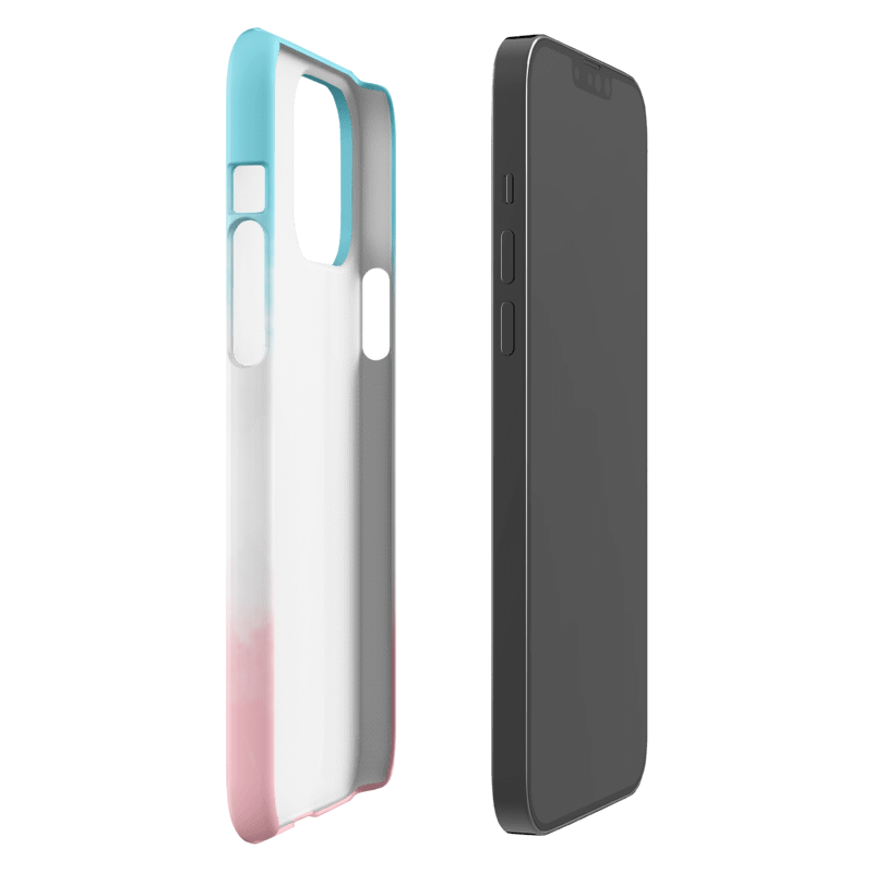 Gradient phone case with blue, white, and pink colors on a white background