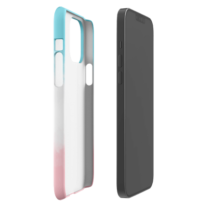 Gradient phone case with blue, white, and pink colors on a white background