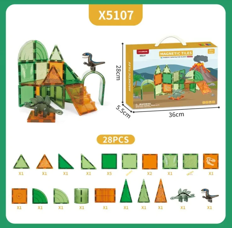 Magnetic tiles set with packaging, dimensions, and piece count on a white background