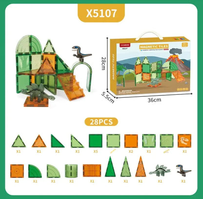 Magnetic tiles set with packaging, dimensions, and piece count on a white background
