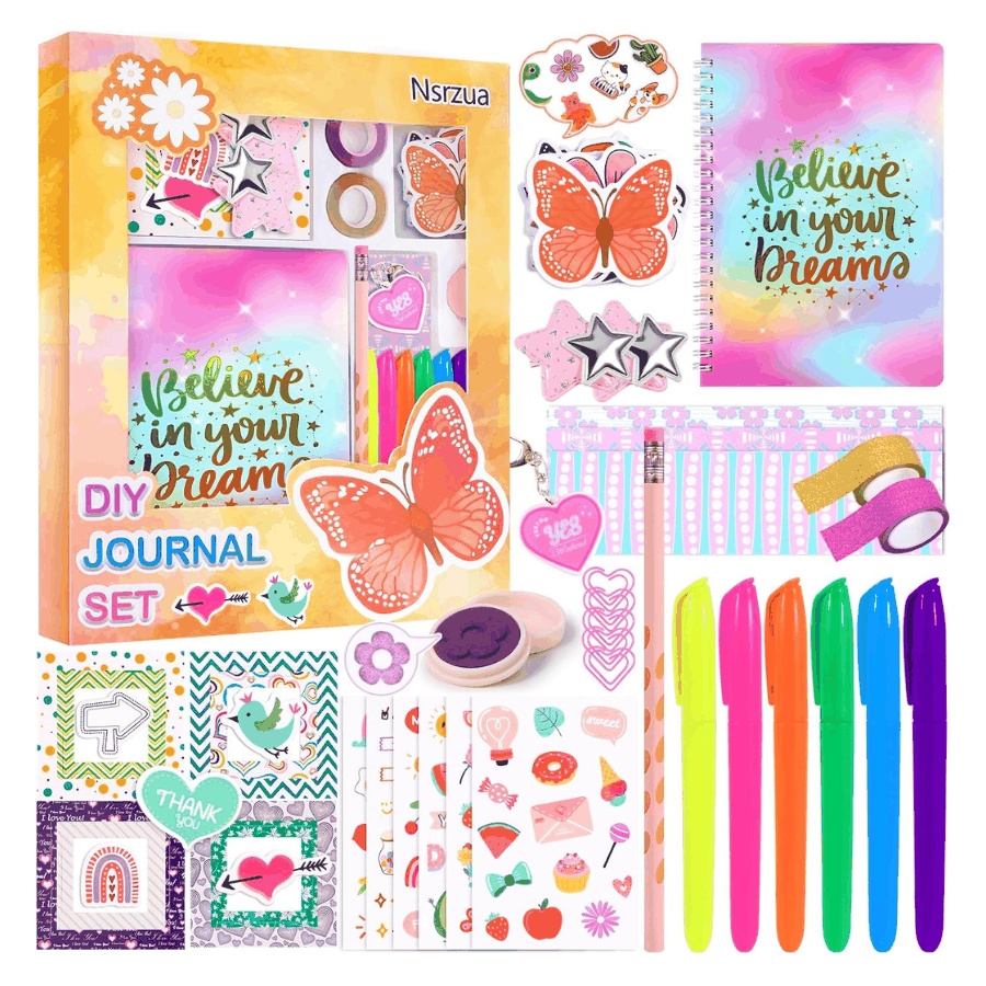 DIY Journal Kit for girls with colorful pens, stickers, stencils, and journaling supplies for creative diary making