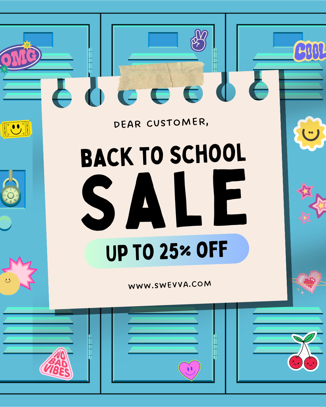 Back to School sale banner featuring blue school lockers with colorful stickers and a hanging notepad displaying Dear Customer, Back to School Sale, Up to 25% Off, and the Swevva website.