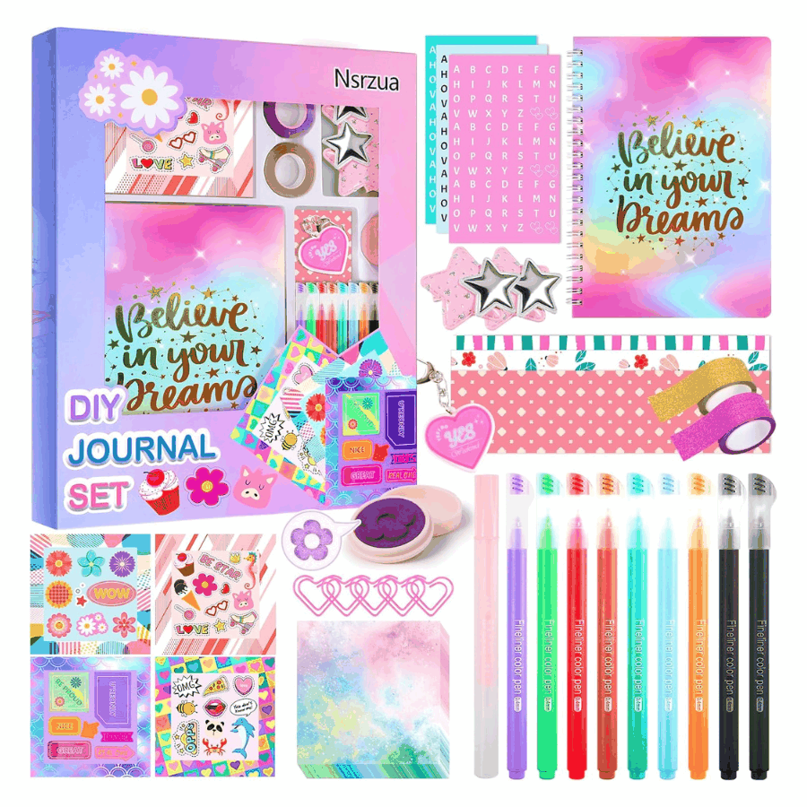 DIY Journal Kit for Girls with colorful pens, stickers, and journaling supplies for creative diary making
