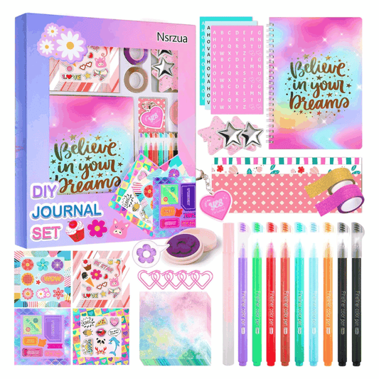 DIY Journal Kit for Girls with colorful pens, stickers, and journaling supplies for creative diary making
