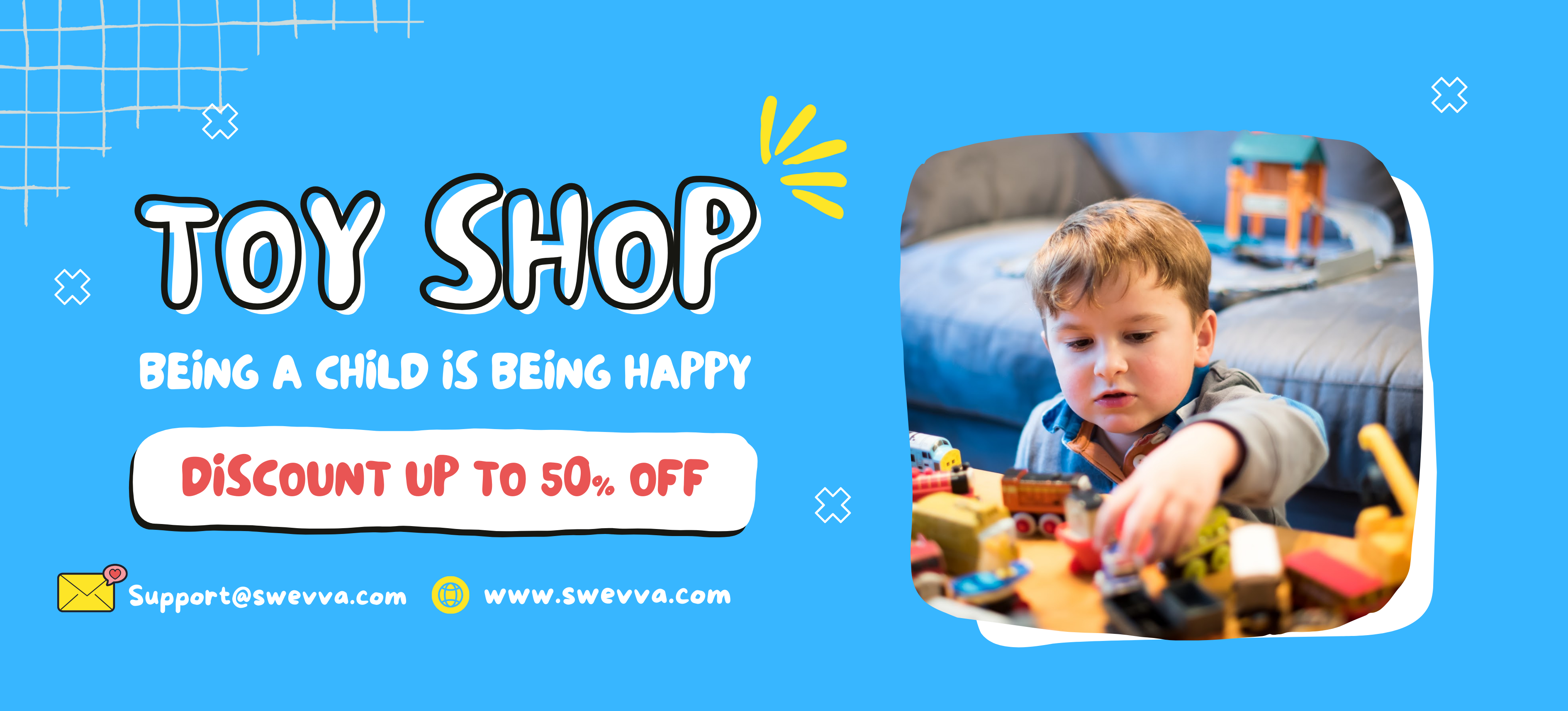 Toy shop promotional banner with a light blue background. A child plays with toy cars on the right, and bold text on the left announces “Toy Shop” and “Discount up to 50% off.”