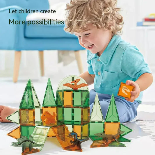 Child playing with colorful magnetic building blocks on a light surface.