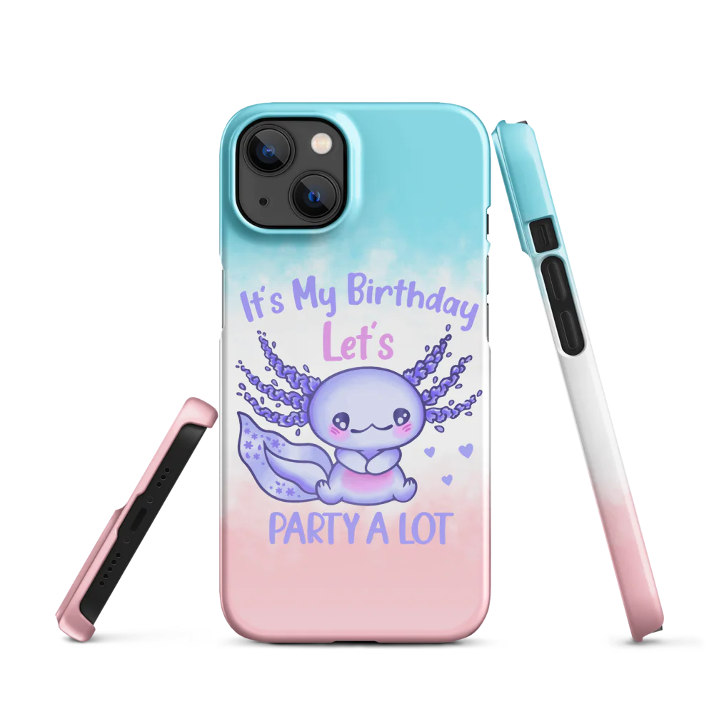 Phone case with a cute purple creature design and text on a gradient background