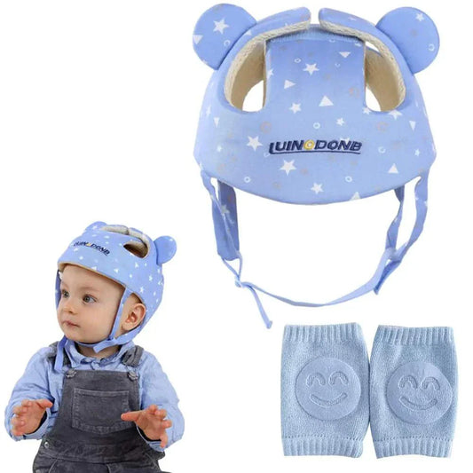 Blue baby safety helmet with soft foam and bear ears, worn by infant for head protection during crawling and walking, includes elastic straps and matching knee pads.