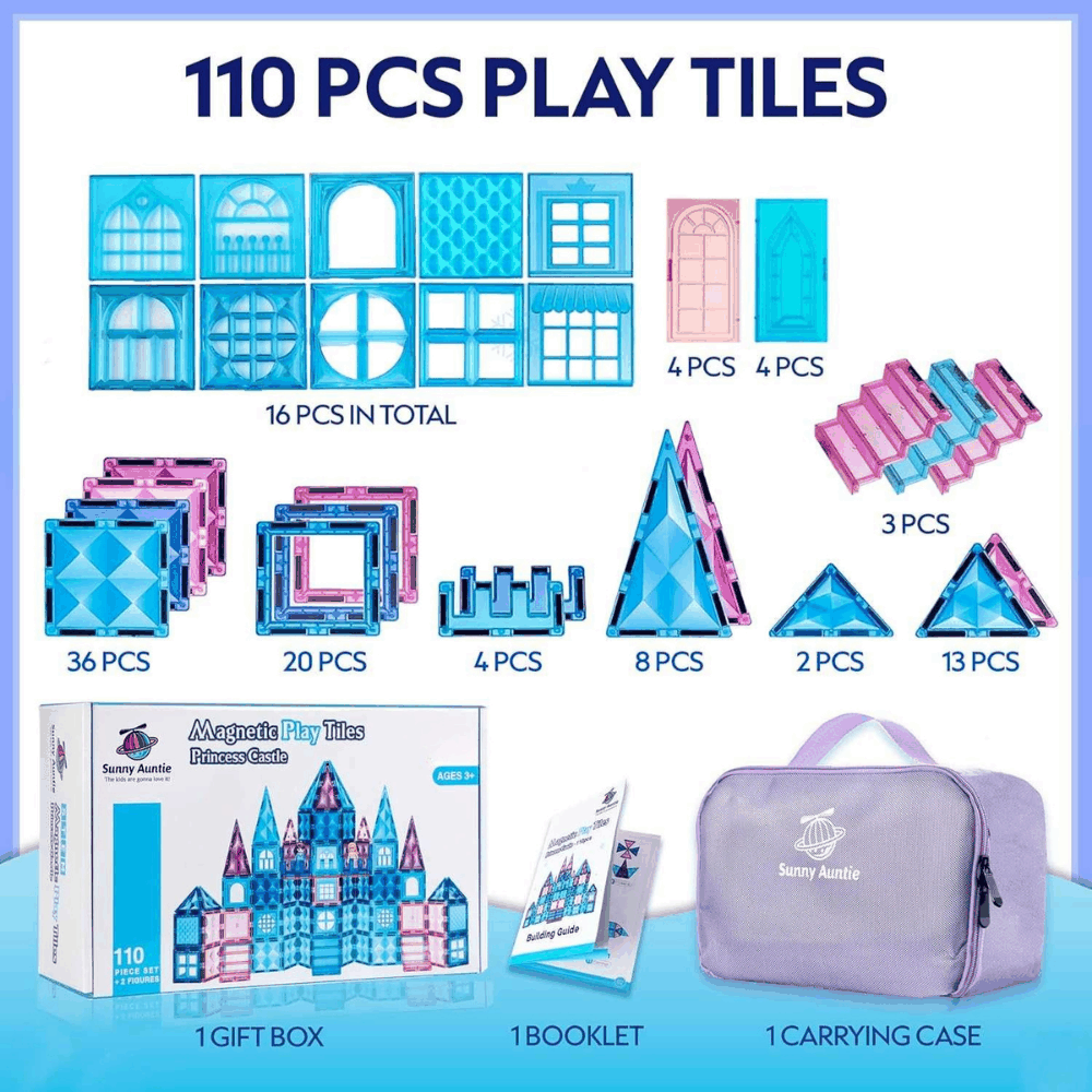 110-piece Ice Princess Castle Magnetic Tiles building set with dolls, booklet, and carrying case, featuring crystal-shaped colorful tiles for imaginative play and STEM learning.
