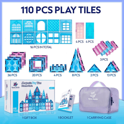 110-piece Ice Princess Castle Magnetic Tiles building set with dolls, booklet, and carrying case, featuring crystal-shaped colorful tiles for imaginative play and STEM learning.