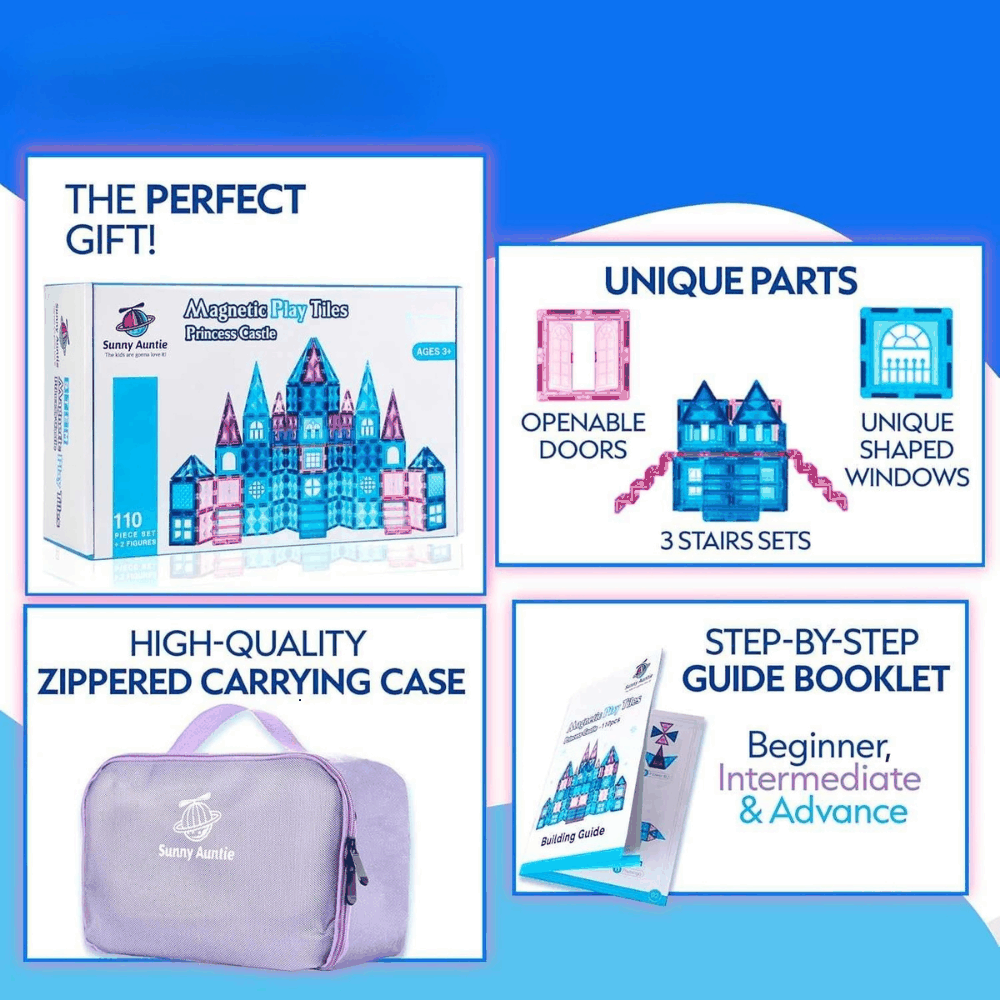 Ice Princess Castle Magnetic Tiles 110pcs building set with dolls, unique windows, openable doors, stairs, and zippered carry case for kids ages 3-8