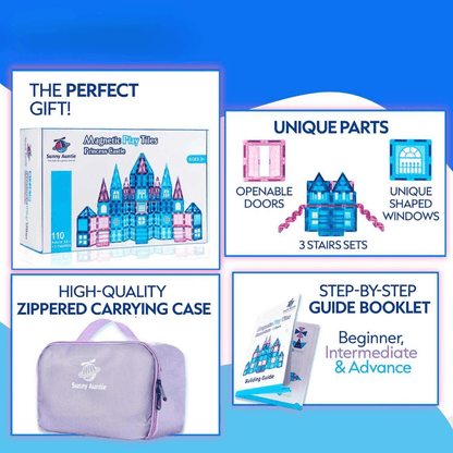 Ice Princess Castle Magnetic Tiles 110pcs building set with dolls, unique windows, openable doors, stairs, and zippered carry case for kids ages 3-8