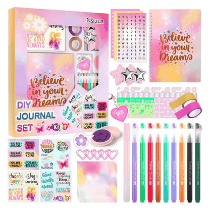DIY Journal Kit for Girls with colorful pens, stickers, stencils, and journaling supplies in a gift set