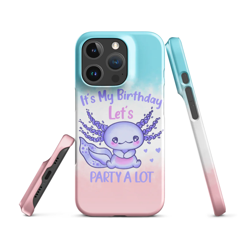 Phone case with a cute purple octopus design and text 'It's My Birthday Let's Party A Lot' on a gradient background.