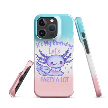 Phone case with a cute purple octopus design and text 'It's My Birthday Let's Party A Lot' on a gradient background.